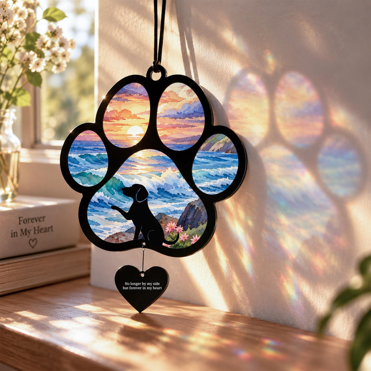 Beagle Memorial Suncatcher, Custom Sunset Pet Sympathy Ornament, Personalized Beagle Silhouette, Rai
