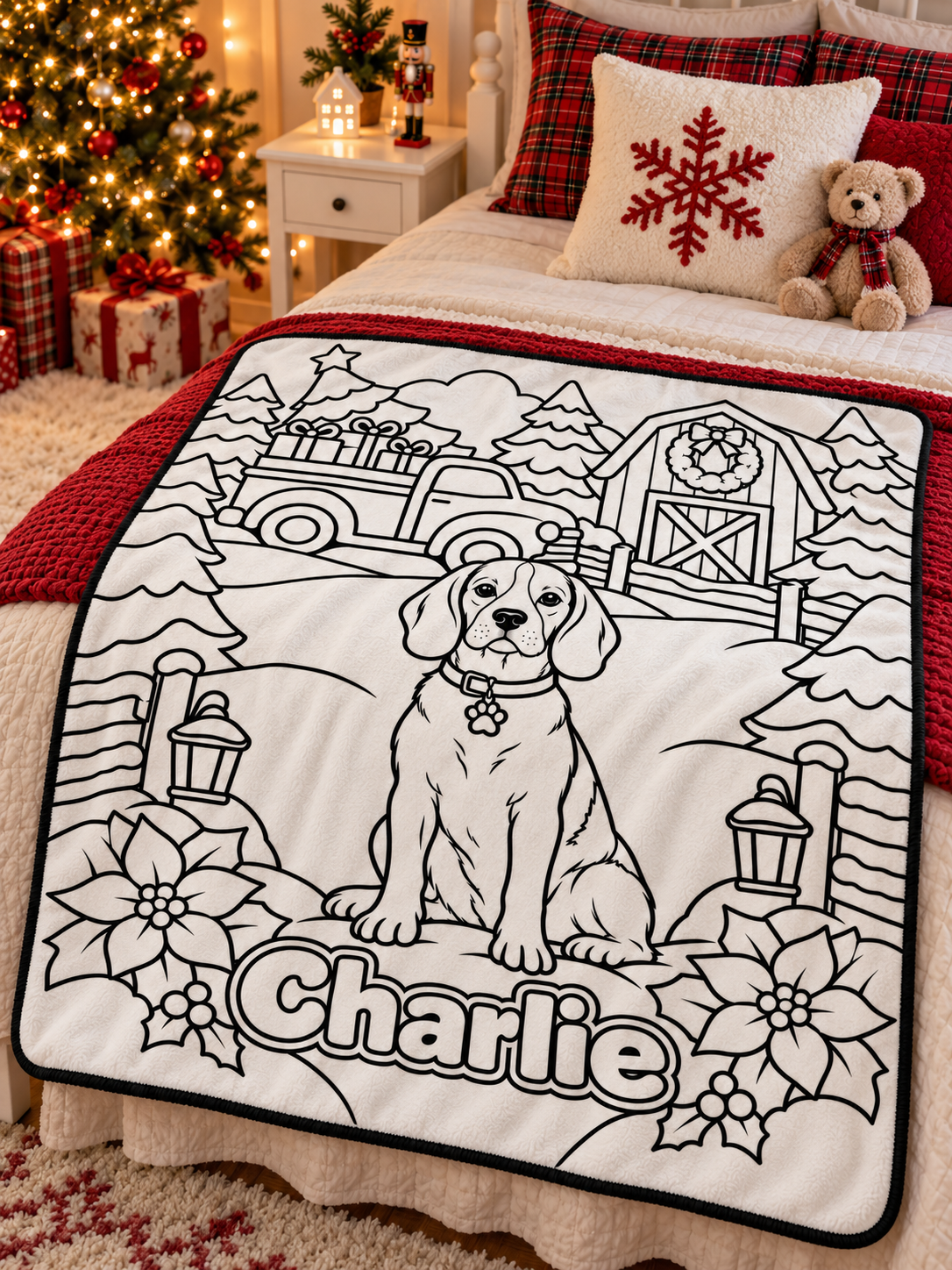 Personalized Christmas pet coloring blanket displayed on a festive bedroom bed