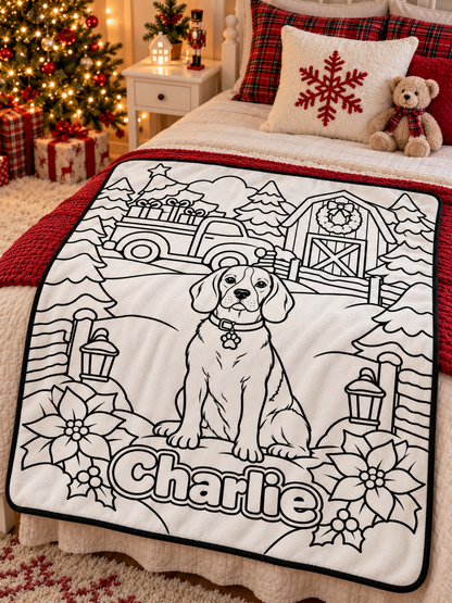 Personalized Christmas pet coloring blanket displayed on a festive bedroom bed
