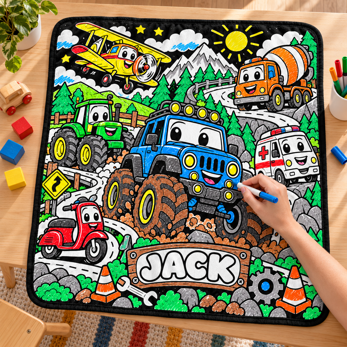 Coloring activity with blue jeep artwork and sample name JACK — AI mockup