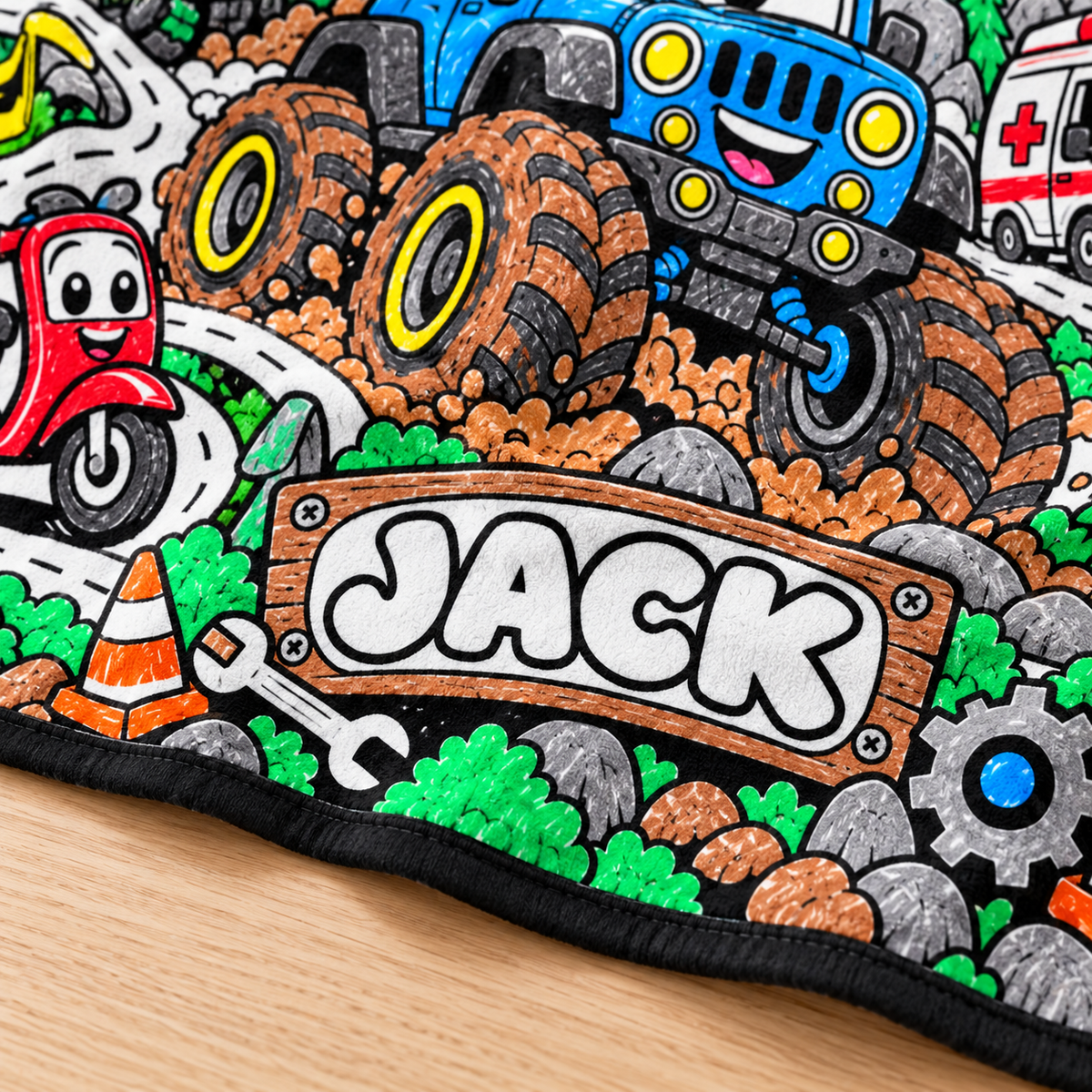 Close-up of JACK name and vehicle artwork on Limency coloring blanket — AI mockup