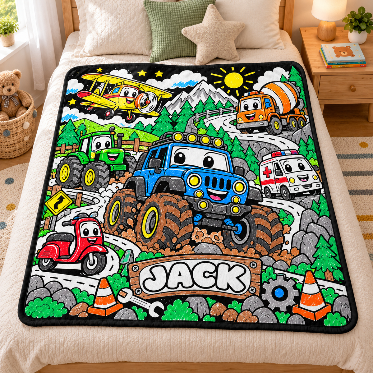 Limency vehicle coloring blanket on a bed with sample name JACK — AI mockup