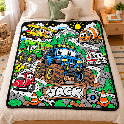 Limency vehicle coloring blanket on a bed with sample name JACK — AI mockup