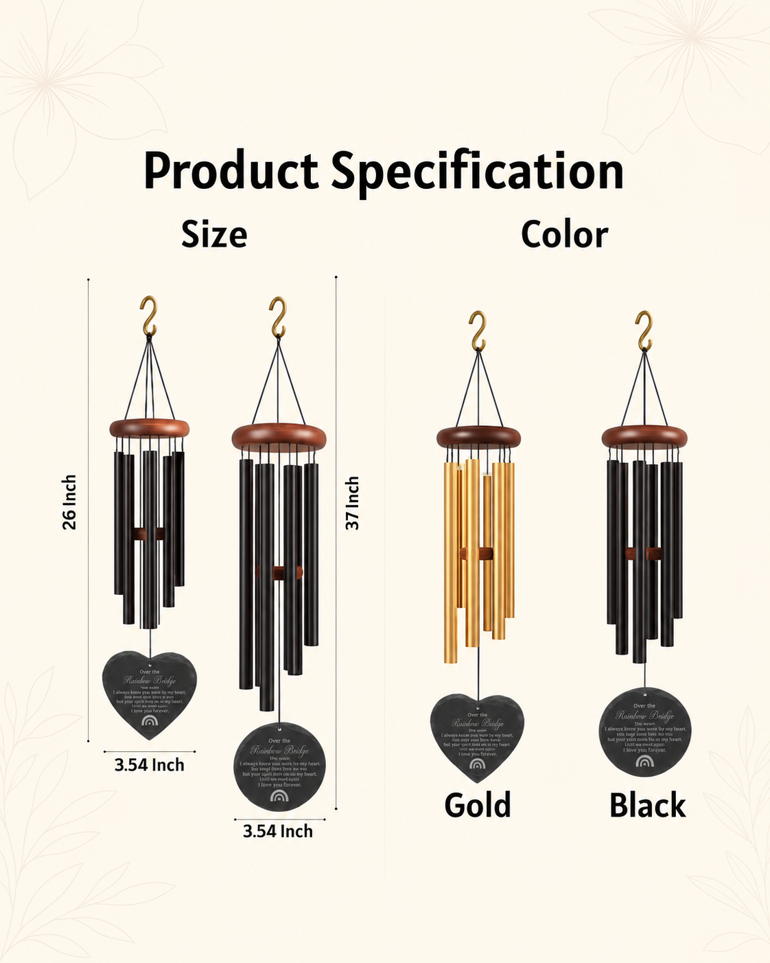 Pet memorial wind chime — 26 inch and 37 inch sizes, Gold and Black colors, portrait 4:5