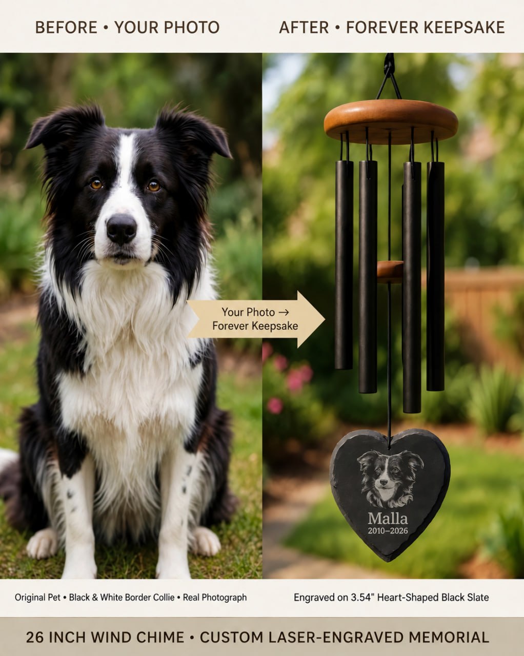 Pet photo and engraved heart slate memorial wind chime comparison
