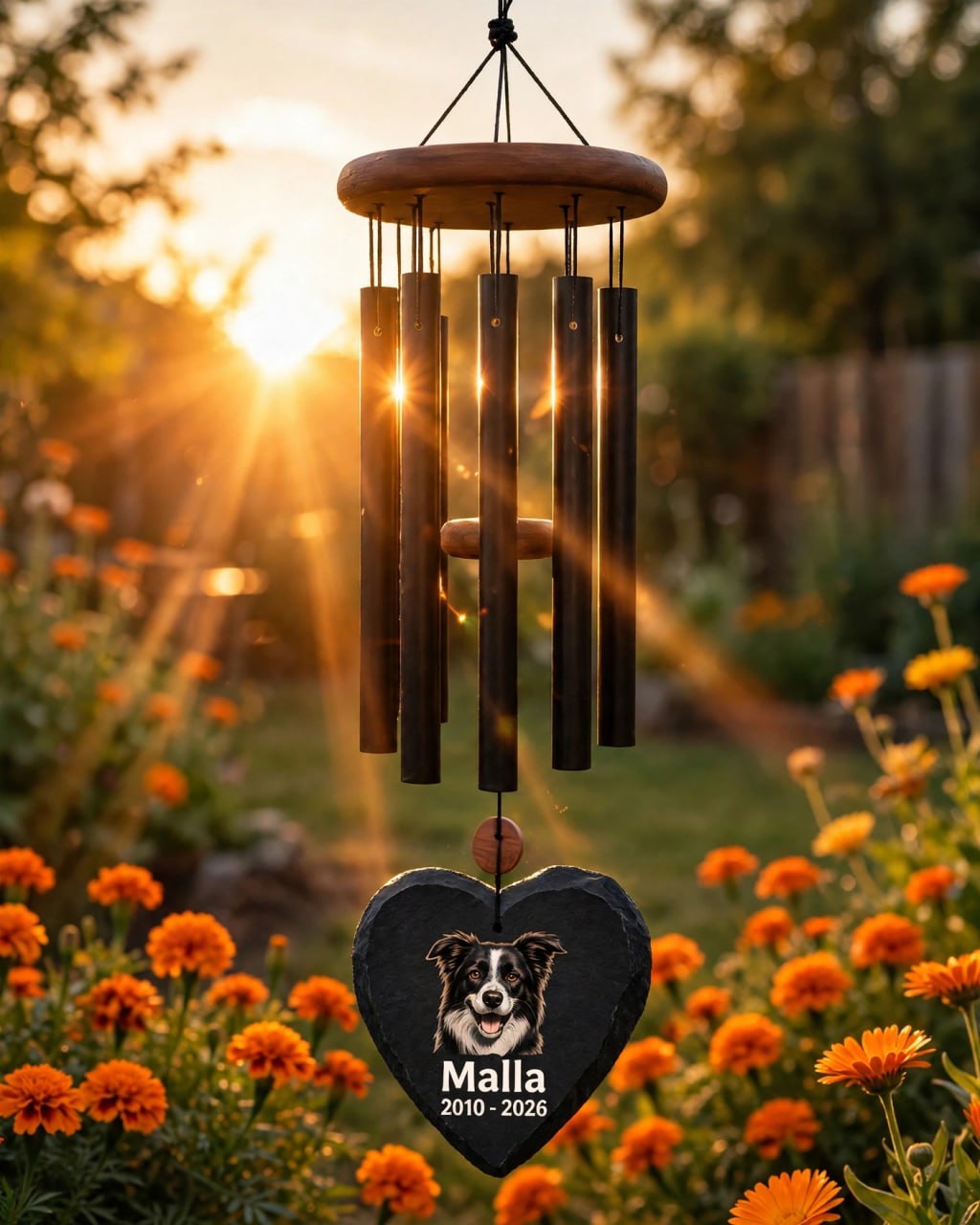 Memorial mockup 2026-10-22 — Malla memorial wind chime in a golden sunset garden