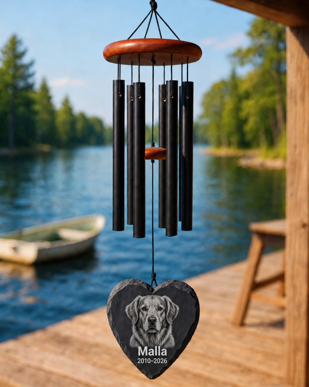 Memorial mockup 2026-10-22 — Malla memorial wind chime beside a peaceful lake