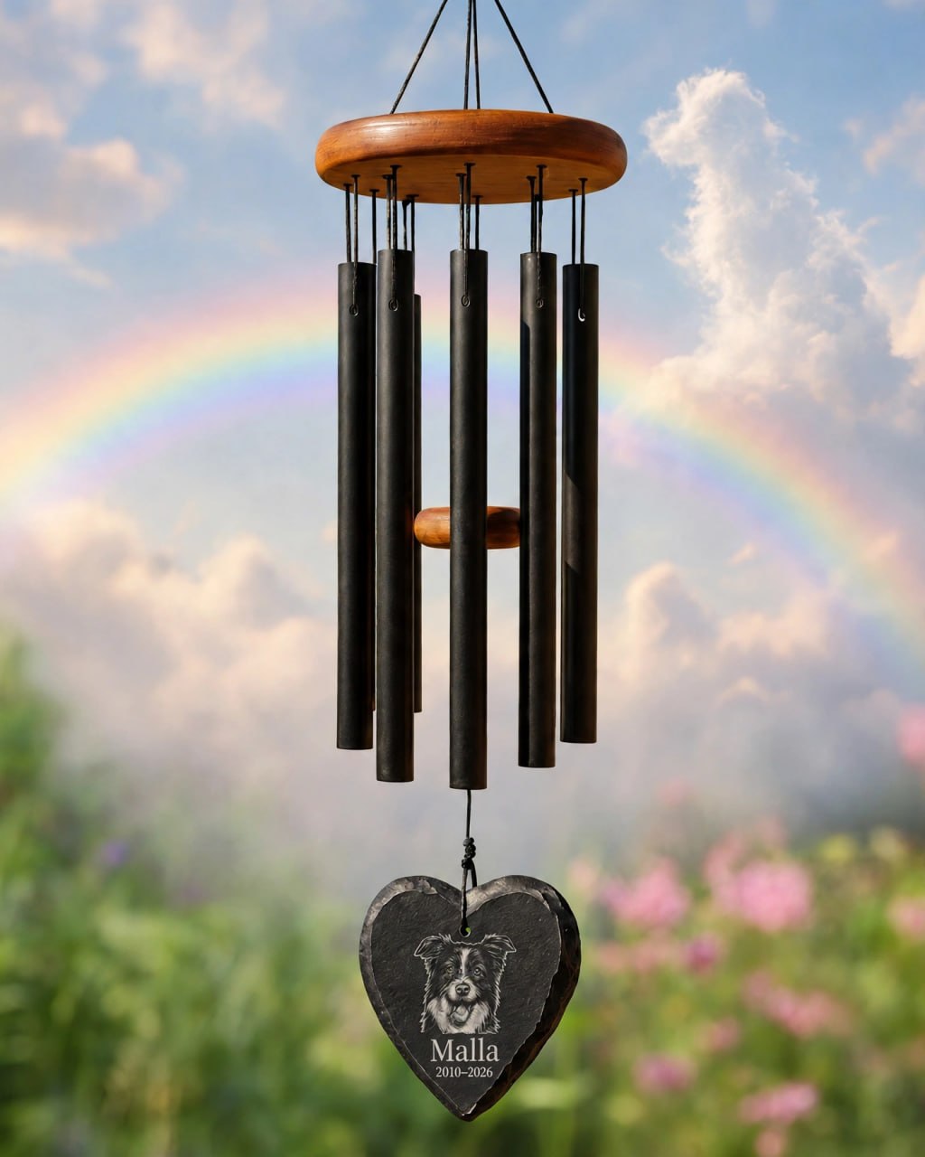Memorial mockup 2026-10-22 — Malla memorial wind chime in a garden beneath a rainbow