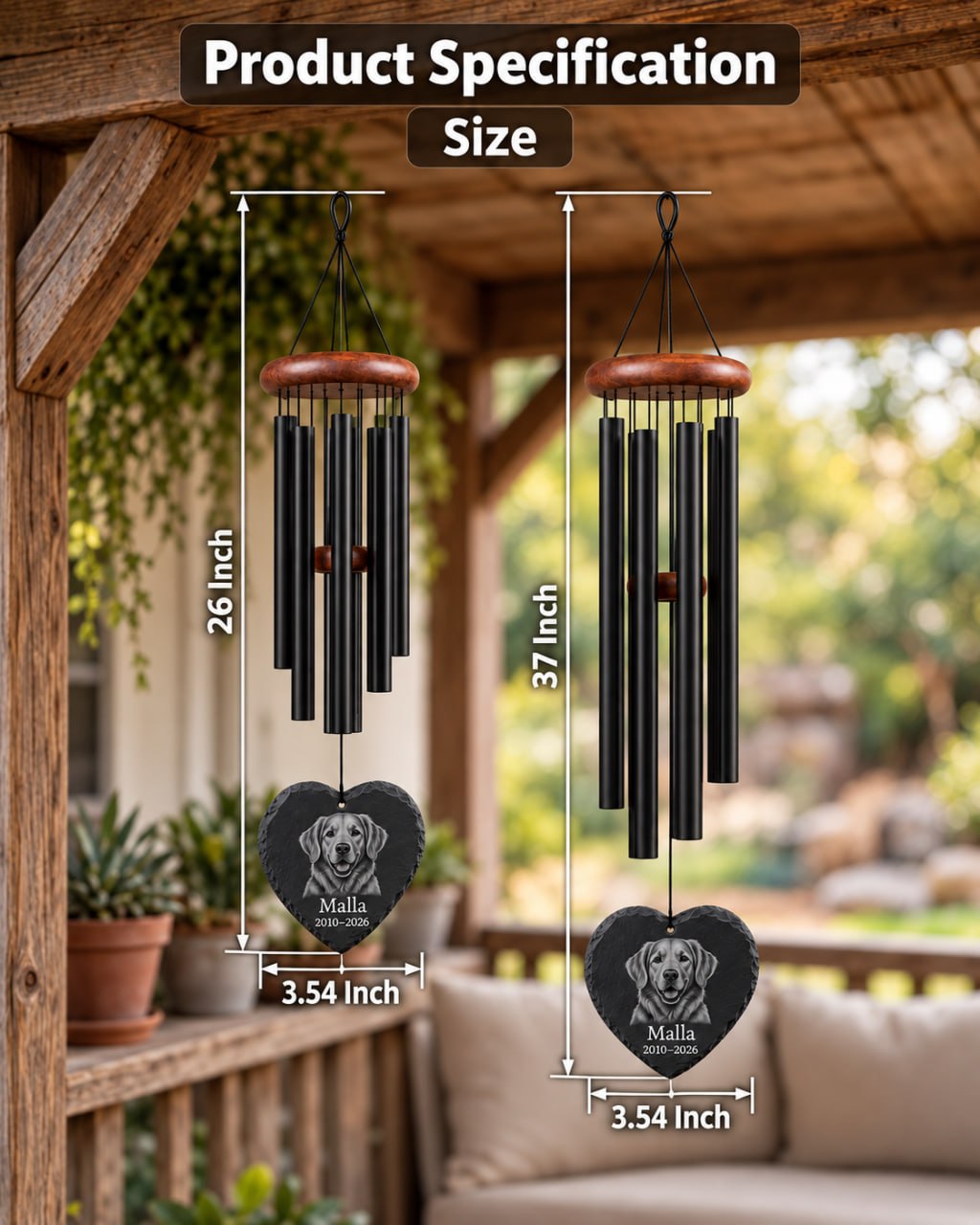 Memorial mockup 2026-10-22 — 26 inch and 37 inch wind chimes with 3.54 inch heart slate size comparison
