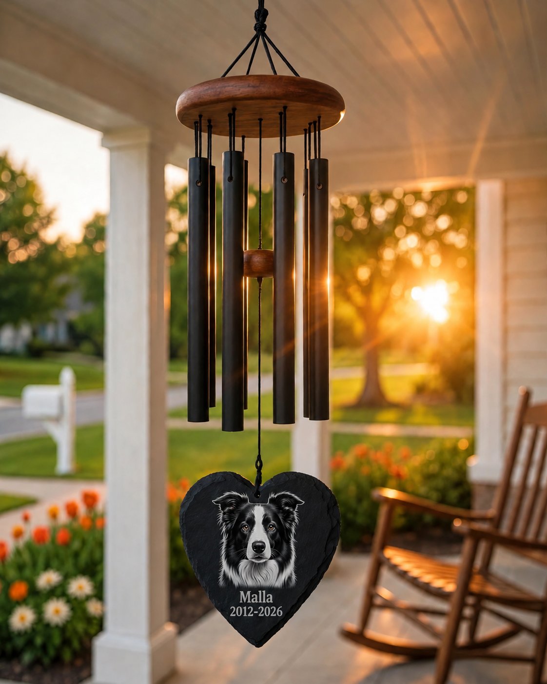 Memorial mockup 2026-10-22 — Malla memorial wind chime on a porch at sunset