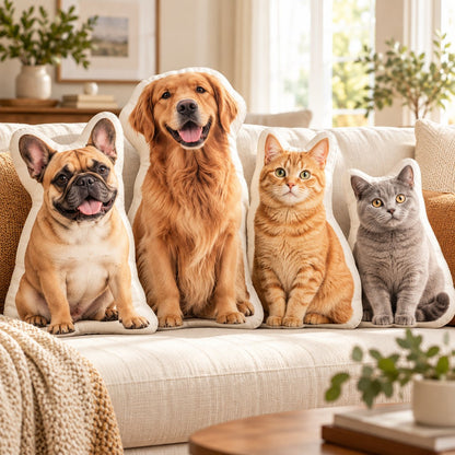 Custom pet photo pillows featuring dogs and cats on a cream sofa