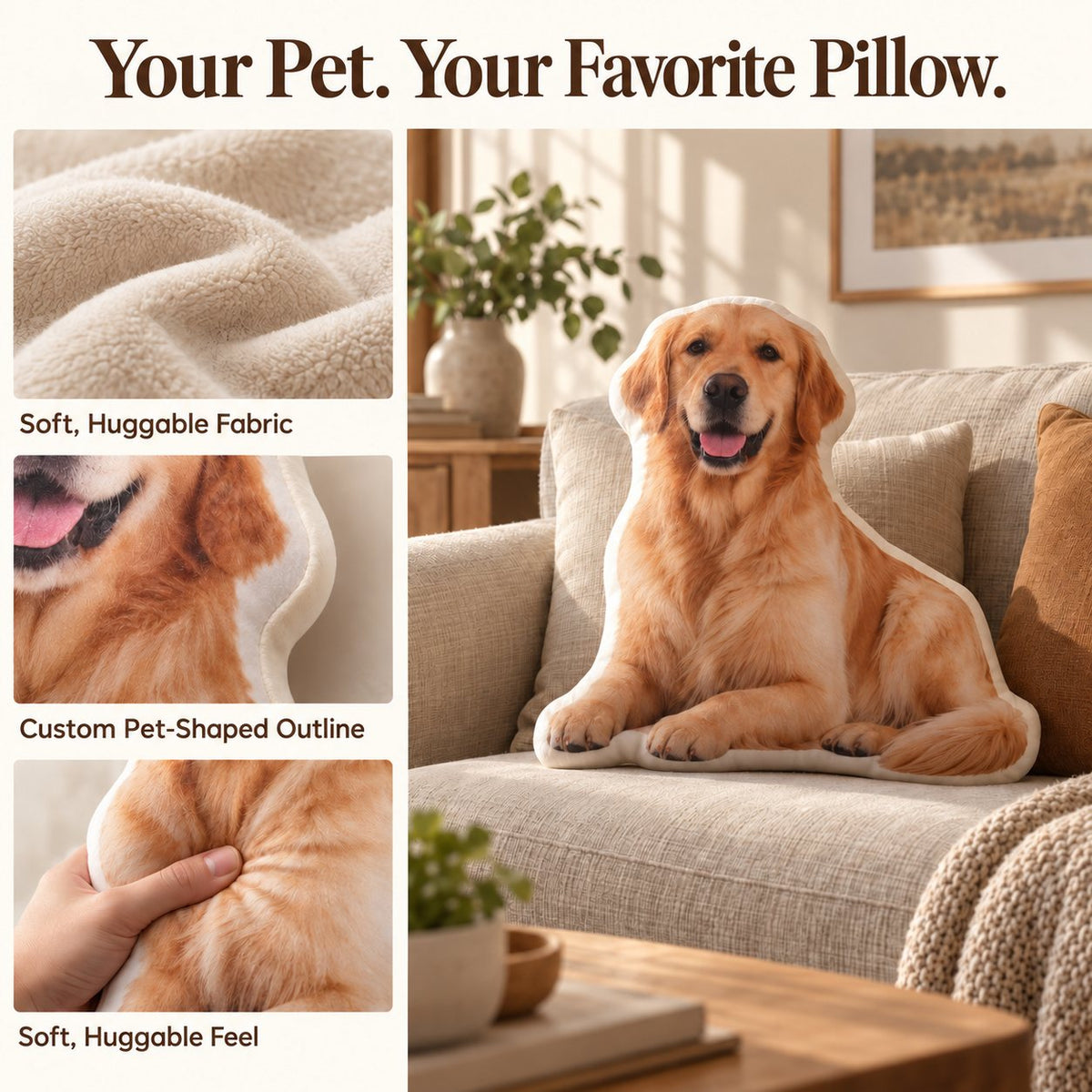 Soft fabric, custom pet-shaped outline and huggable pillow details