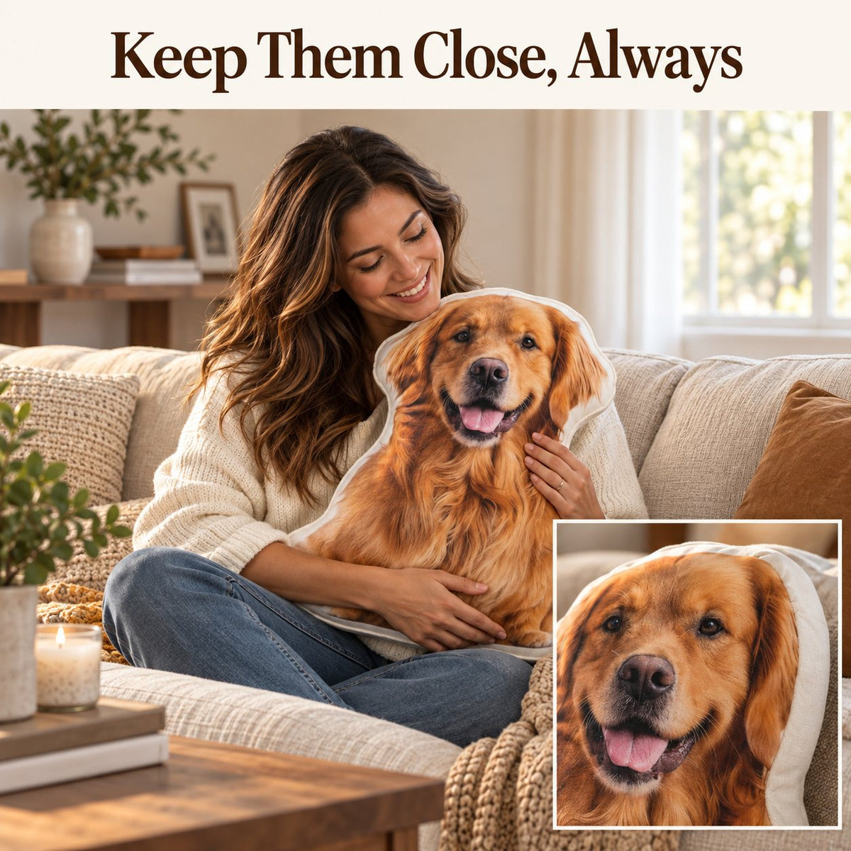 Woman holding a personalized golden retriever photo pillow