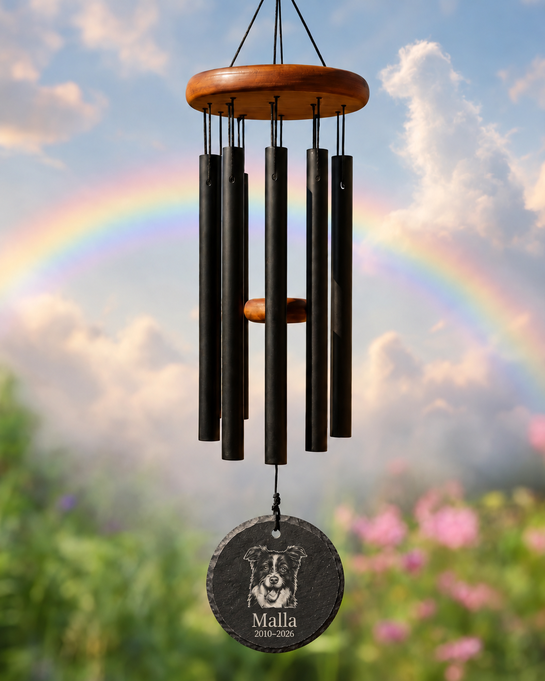 Limency round black slate pet memorial wind chime — rainbow garden
