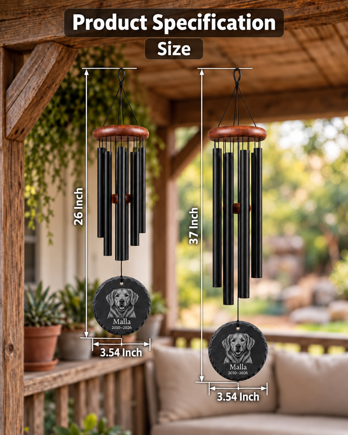 Limency round black slate pet memorial wind chime — 26-inch and 37-inch size comparison