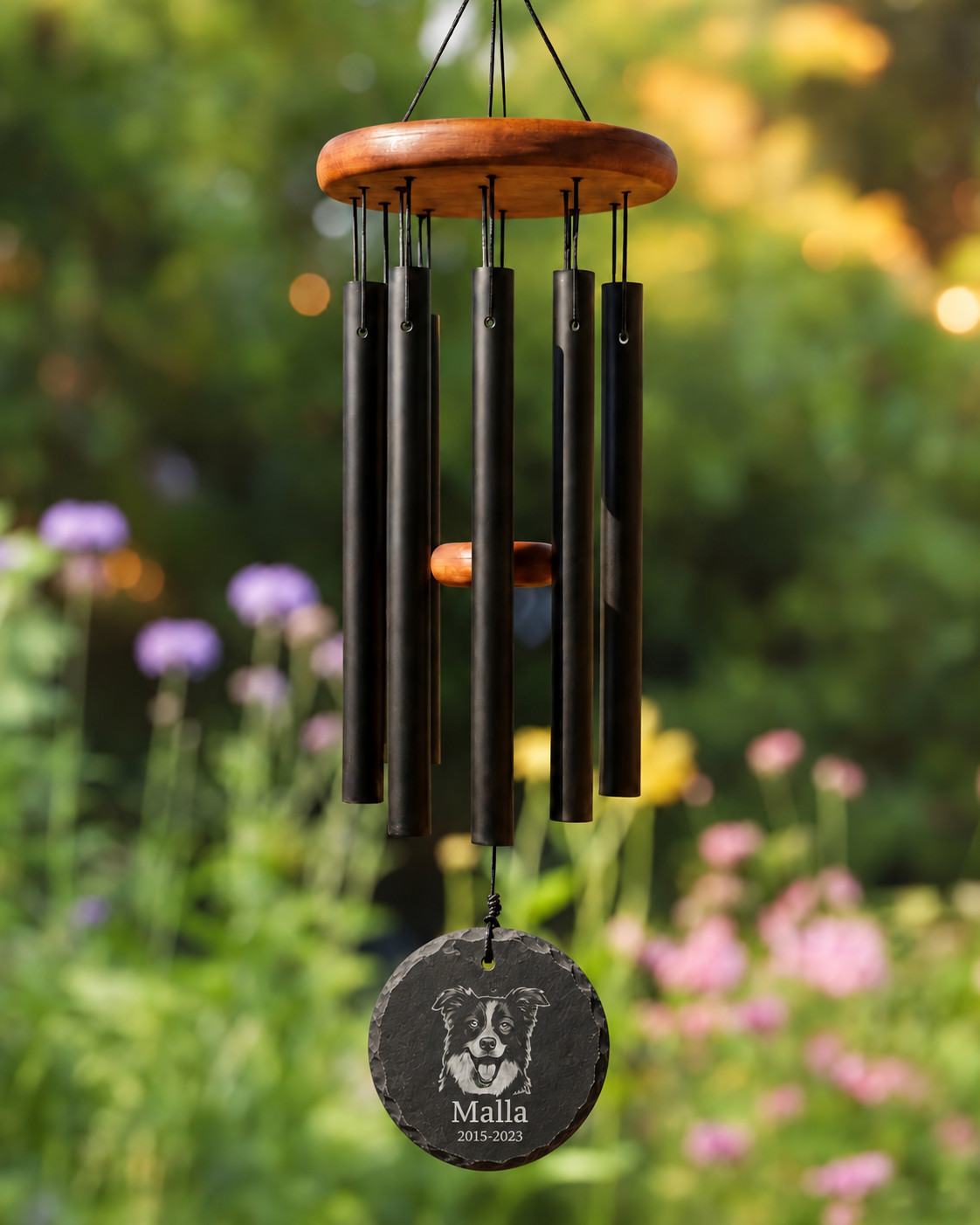 Limency round black slate pet memorial wind chime — garden