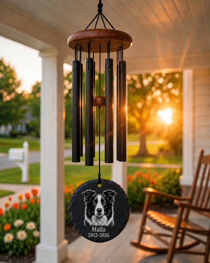 Limency round black slate pet memorial wind chime — sunset porch