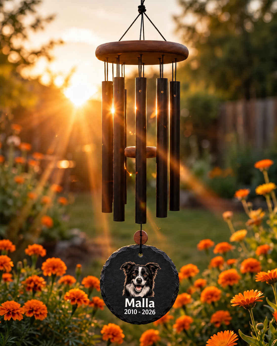 Limency round black slate pet memorial wind chime — garden at sunset