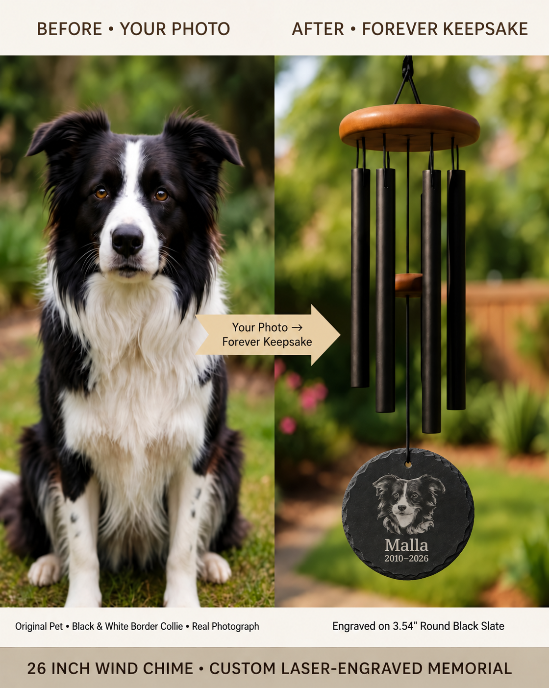 Limency round black slate pet memorial wind chime — photo to engraved round slate comparison