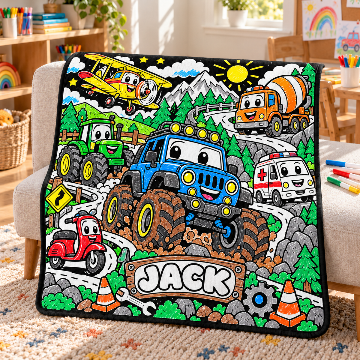 Limency vehicle coloring blanket with original blue jeep artwork and sample name JACK