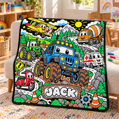 Limency vehicle coloring blanket with original blue jeep artwork and sample name JACK