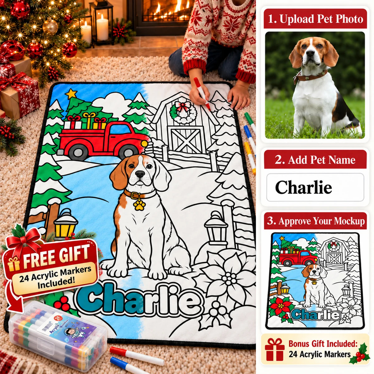 Personalized Christmas coloring blanket with free acrylic markers