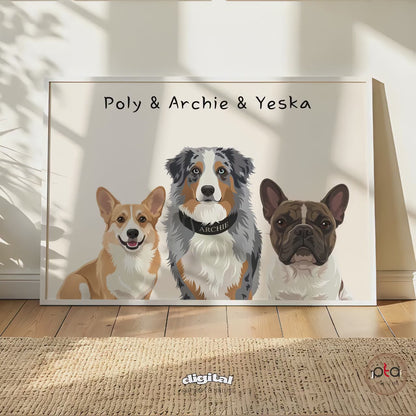 Custom Watercolor Multiple Pet Portrait from Photo | Personalized Dog or Cat Portraits Last Minute Printable Christmas Gift Pet Memorial Art