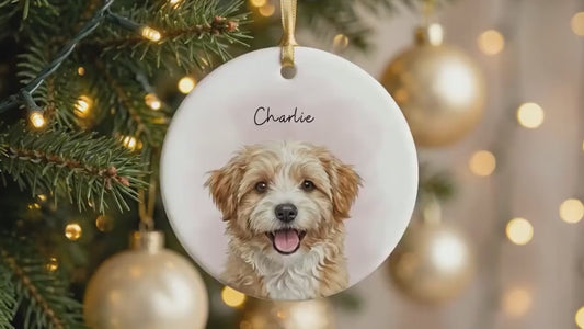 Custom Pet Portrait Christmas Ornament, Personalized Watercolor Style Dog Photo Gift Ceramic Memorial Keepsake for Dog Mom Xmas Ornaments