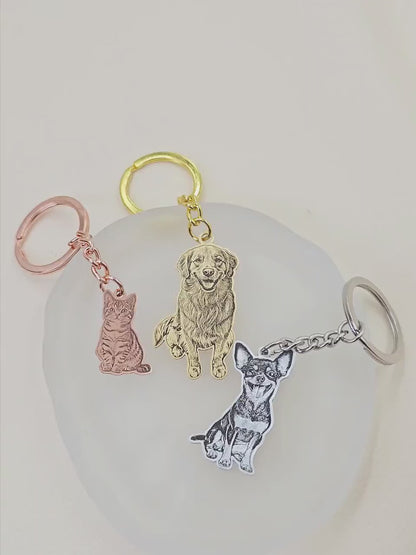 Custom Dog Photo Keychain, Cat Picture Keychains, Personalized Engraved Pet Portrait Key Chain, Key Ring for Pet Loss, Dog Memorial Gift