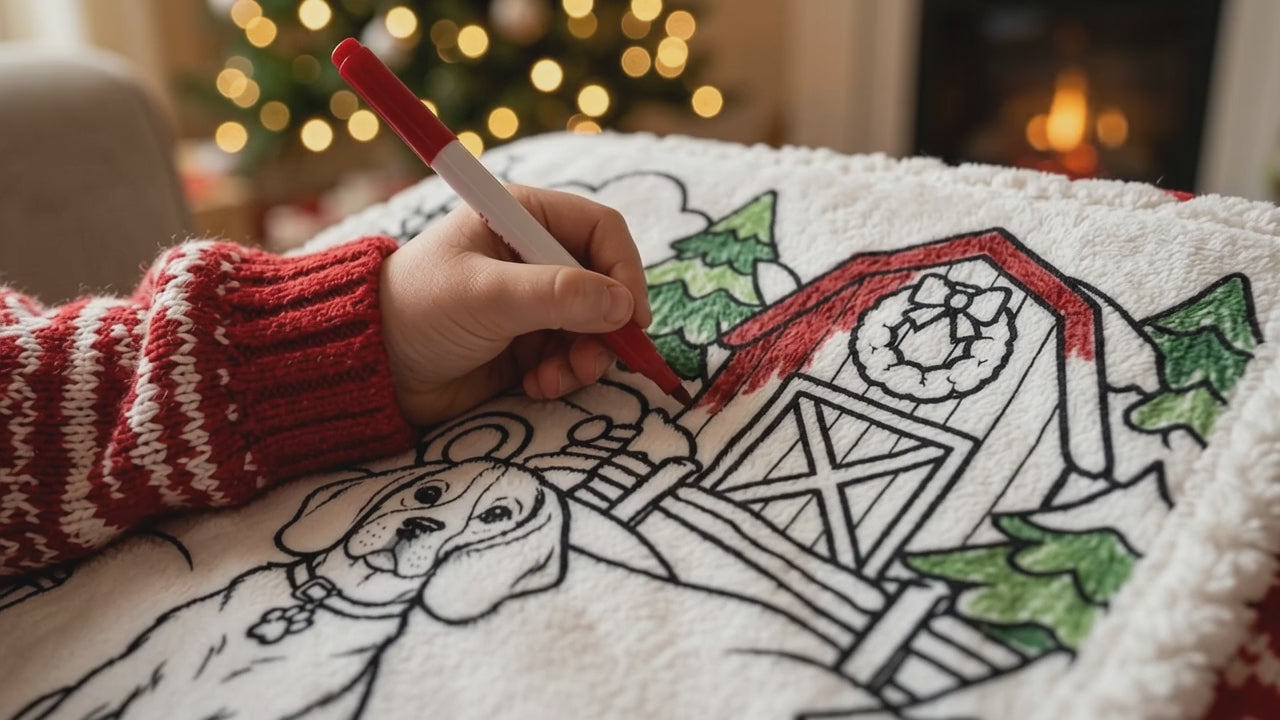 Hand coloring the barn roof on a personalized Christmas pet coloring blanket