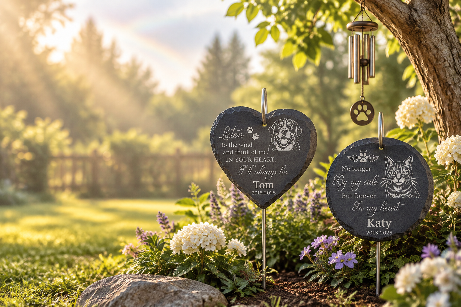 Personalized pet memorial garden stones and wind chime among flowers