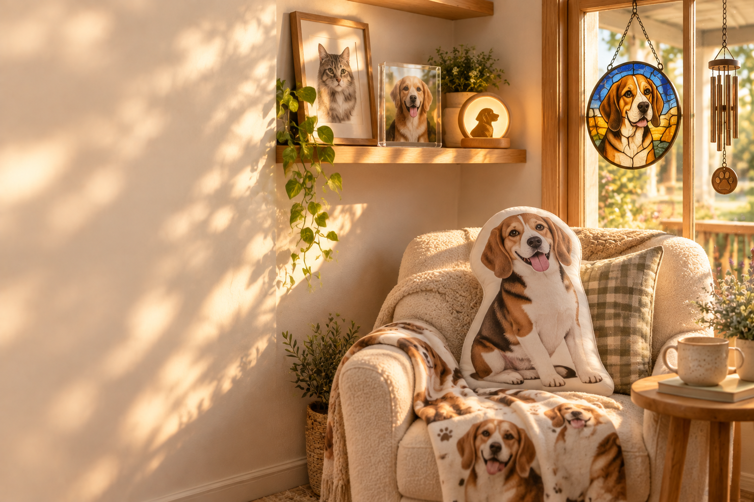 Personalized pet portraits, pillow, blanket, suncatcher and wind chime in a warm home