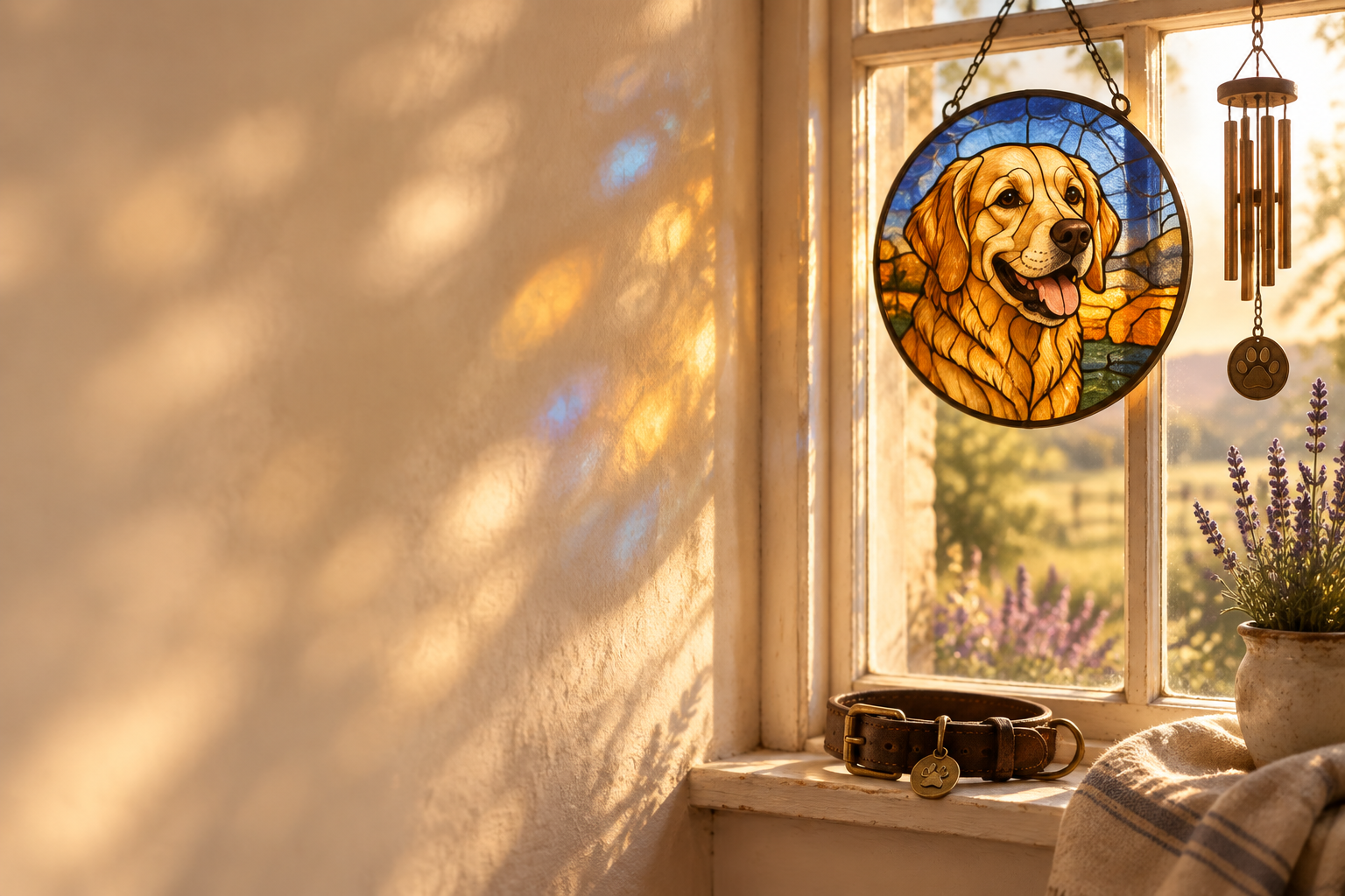 Personalized stained glass dog portrait suncatcher glowing beside a window