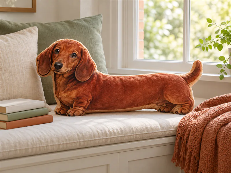 Red Dachshund-shaped pillow rests on a bright window bench.