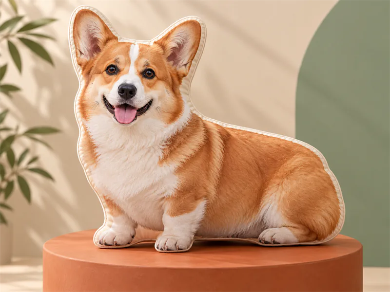 Custom Corgi-shaped pillow on a terracotta pedestal against a cream and sage backdrop.