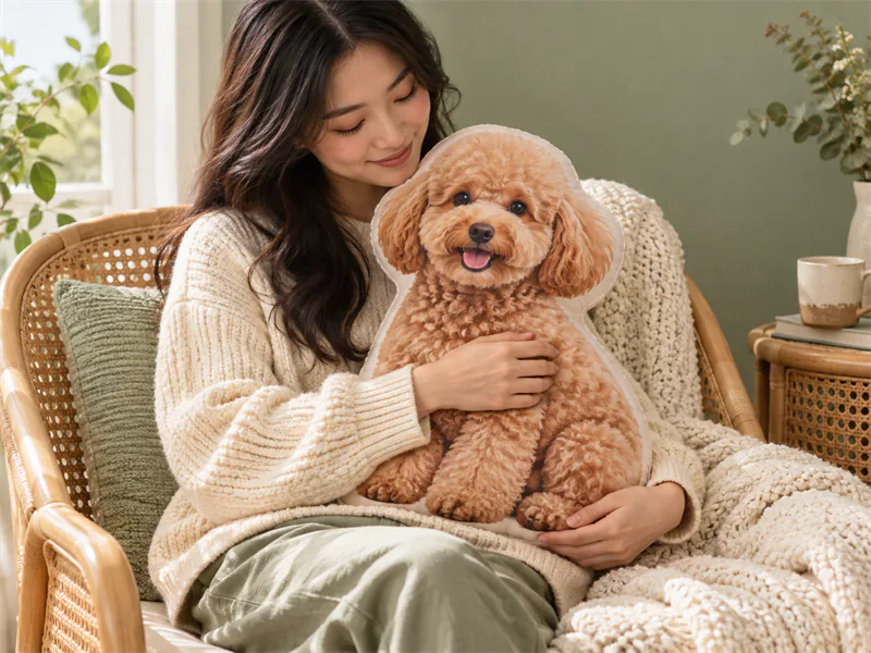 Woman hugs an apricot Poodle-shaped pillow in a sunlit reading nook.