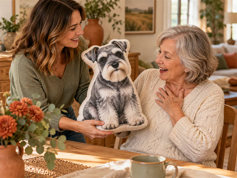 Woman gives an older relative a gray Schnauzer-shaped pillow.