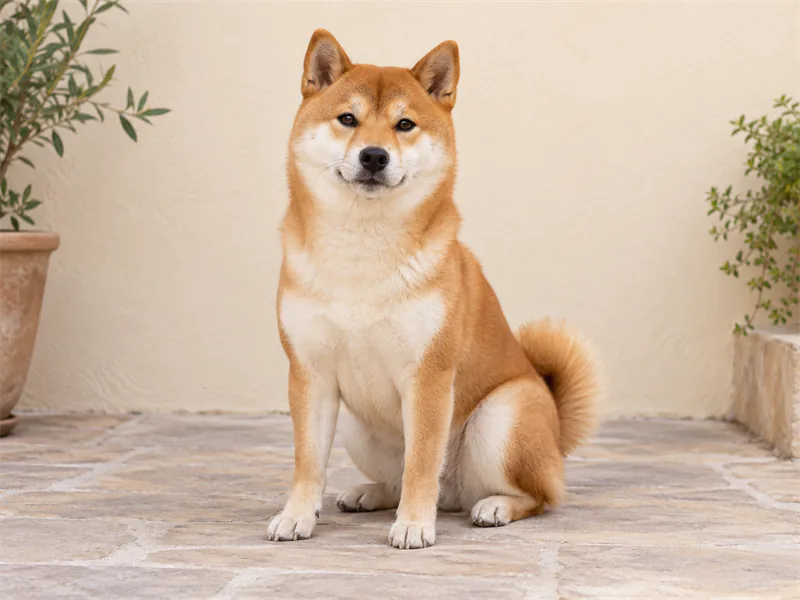Well-lit full-body Shiba Inu sits against a simple cream wall.