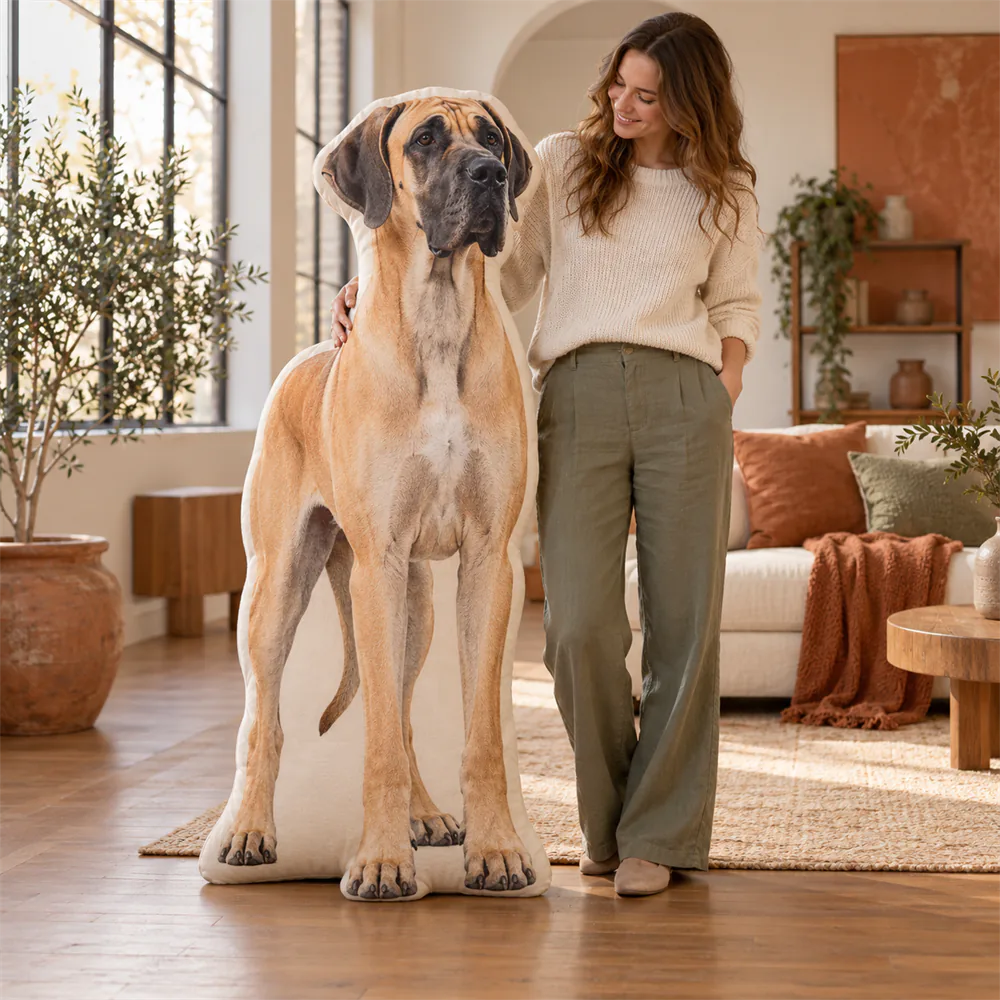 Woman stands beside an extra-large Great Dane-shaped floor pillow.