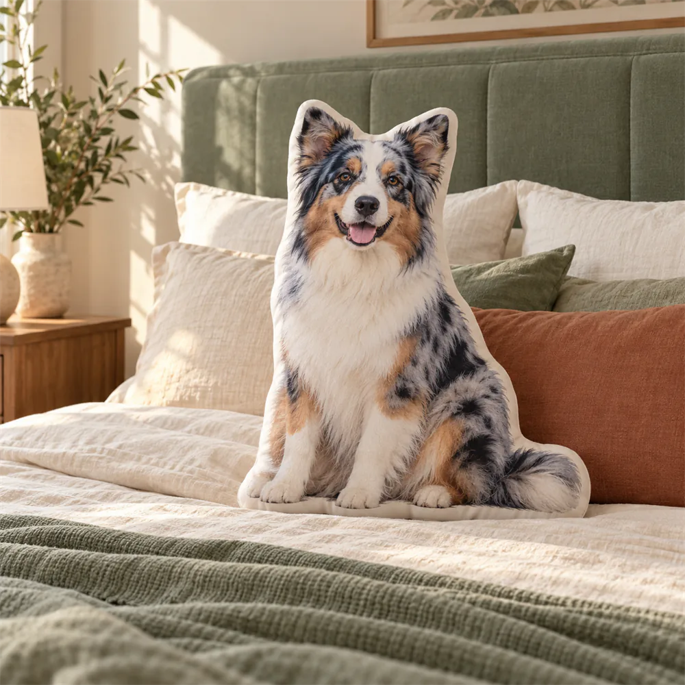 Large Australian Shepherd-shaped pillow stands on a queen bed.