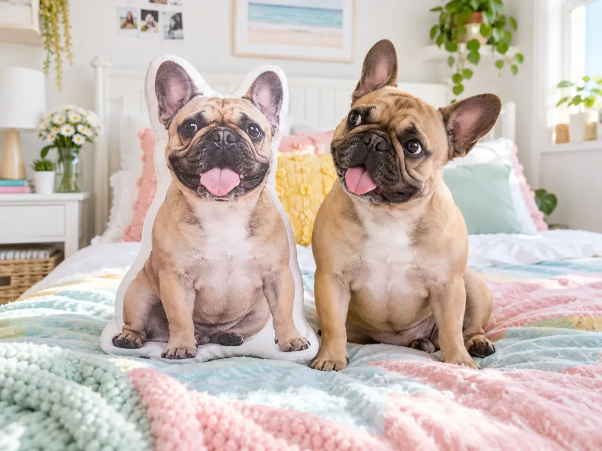 French Bulldog sits on a pastel bed next to a pillow shaped like itself with its tongue out.
