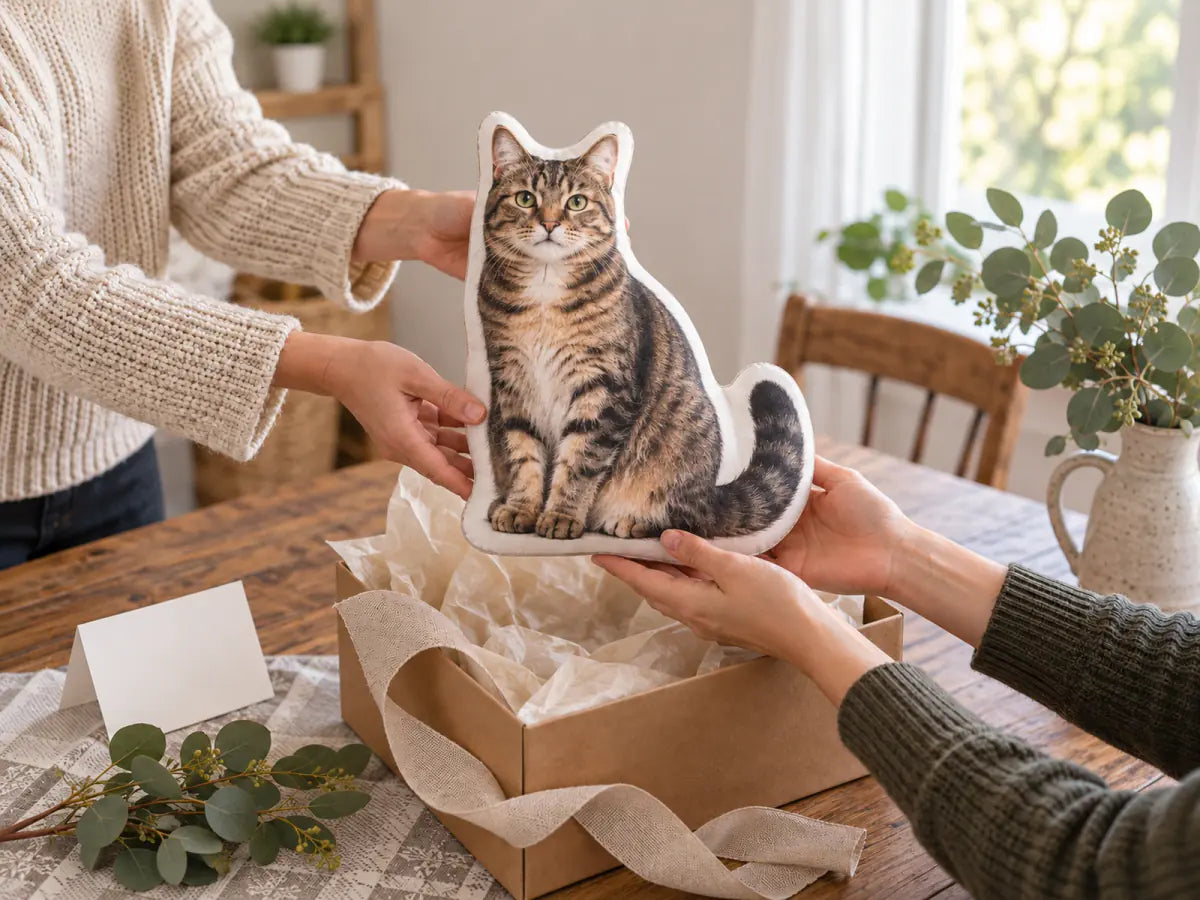 Tabby cat-shaped pillow is handed over from a kraft gift box with tissue paper and a linen ribbon.