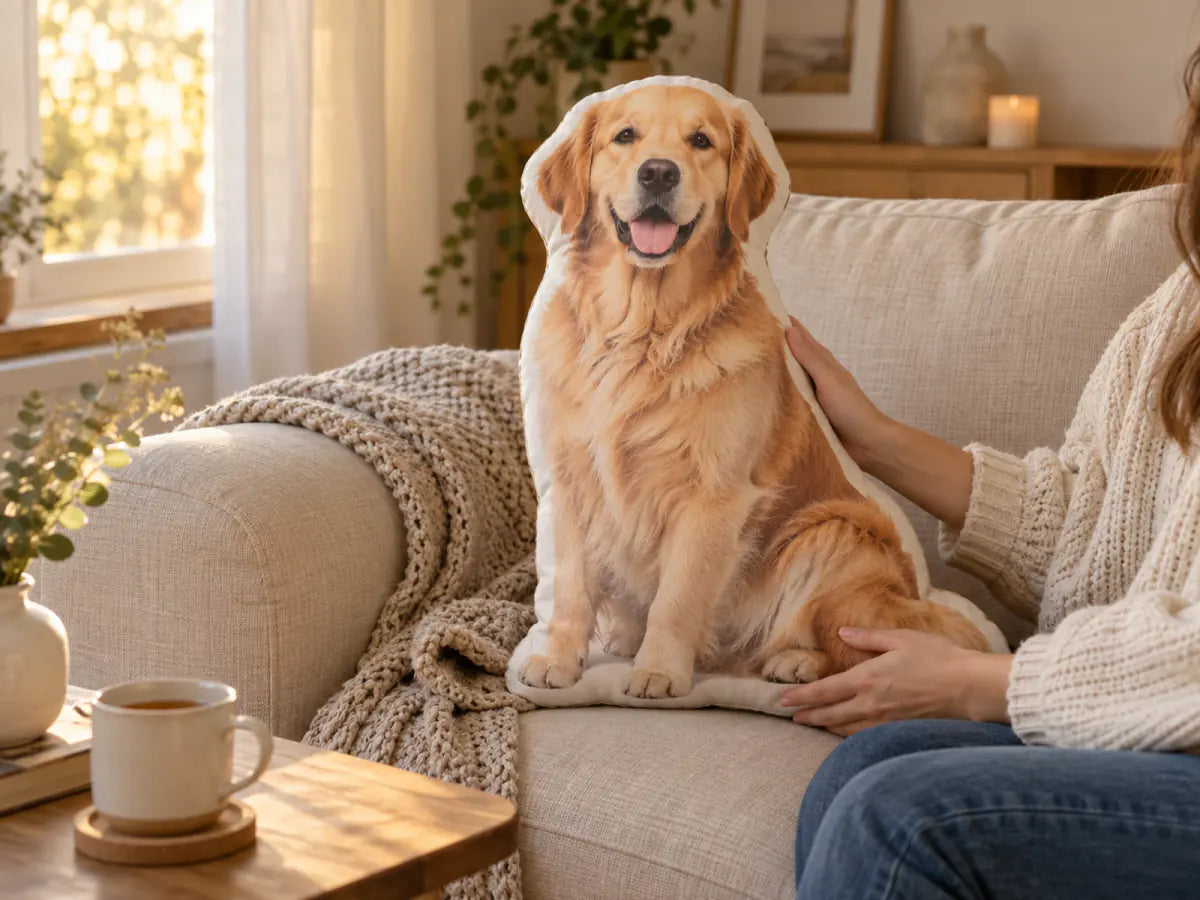 Woman on a cozy sofa holds a Golden Retriever-shaped pillow beside a knit blanket and a cup of tea.